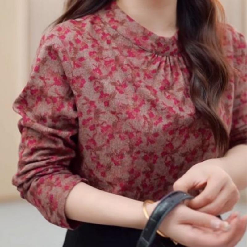 Autumn and Winter Warm Bottoming Shirts for Women Stand-up Collar Tops Fashionable Printed Contrasting Color Casual Tops