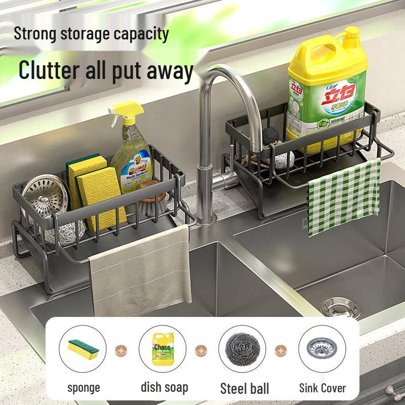 מתלה מארגן לכיור מטבח: אחסון מטליות, חומרי ניקוי וצמר פלדה