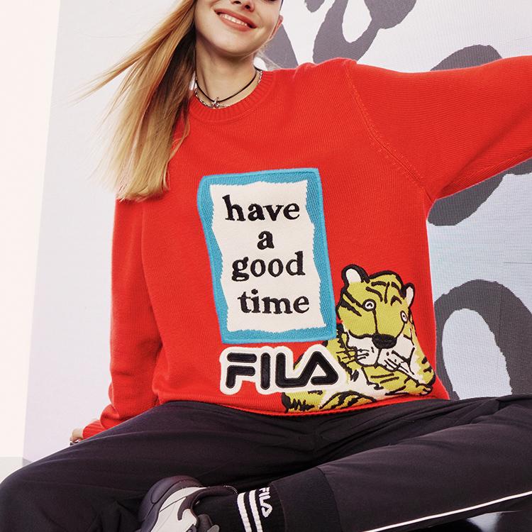 Fila Year Of The Tiger Limited Edition Logo Letter Jacquard Sports Crewneck Sweater Men Sweater Legendary-Red F11U219403F-RD