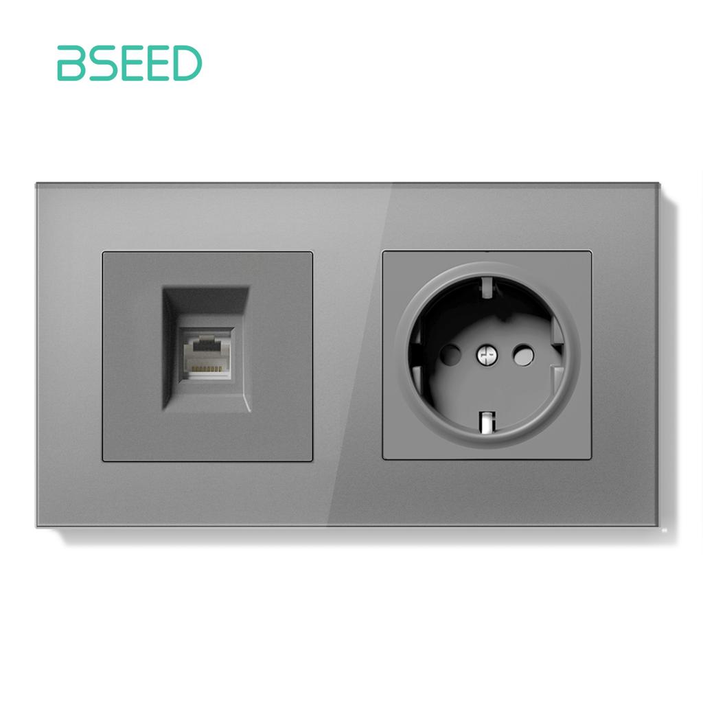 BSEED Dual Internet Sockets Single CAT6 Wall Socket EU Power Sockets Plus Network Data Computer Connecter Outlets Glass Panel