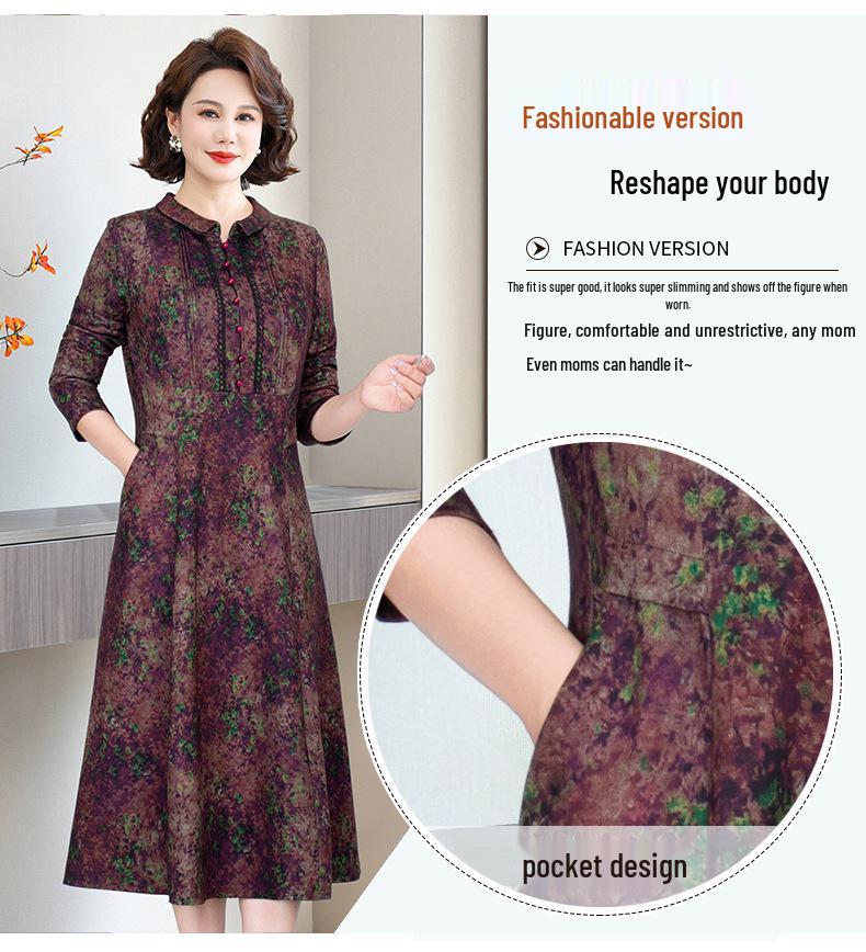 2026 Spring Retro Print Long Sleeve Knee-Length Dress for Middle-Aged and Elderly Moms - Stylish and Elegant Skirt