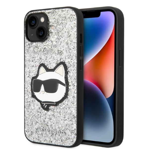 Etui do iPhone 14 Karl Lagerfeld Glitter Choupette Patch srebrny