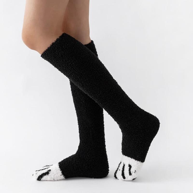College Style Thicken Coral Fleece Cat Paw Calf Socks For Women Autumn Winter Warm Long Tube Socks Home Sleeping Floor Socks