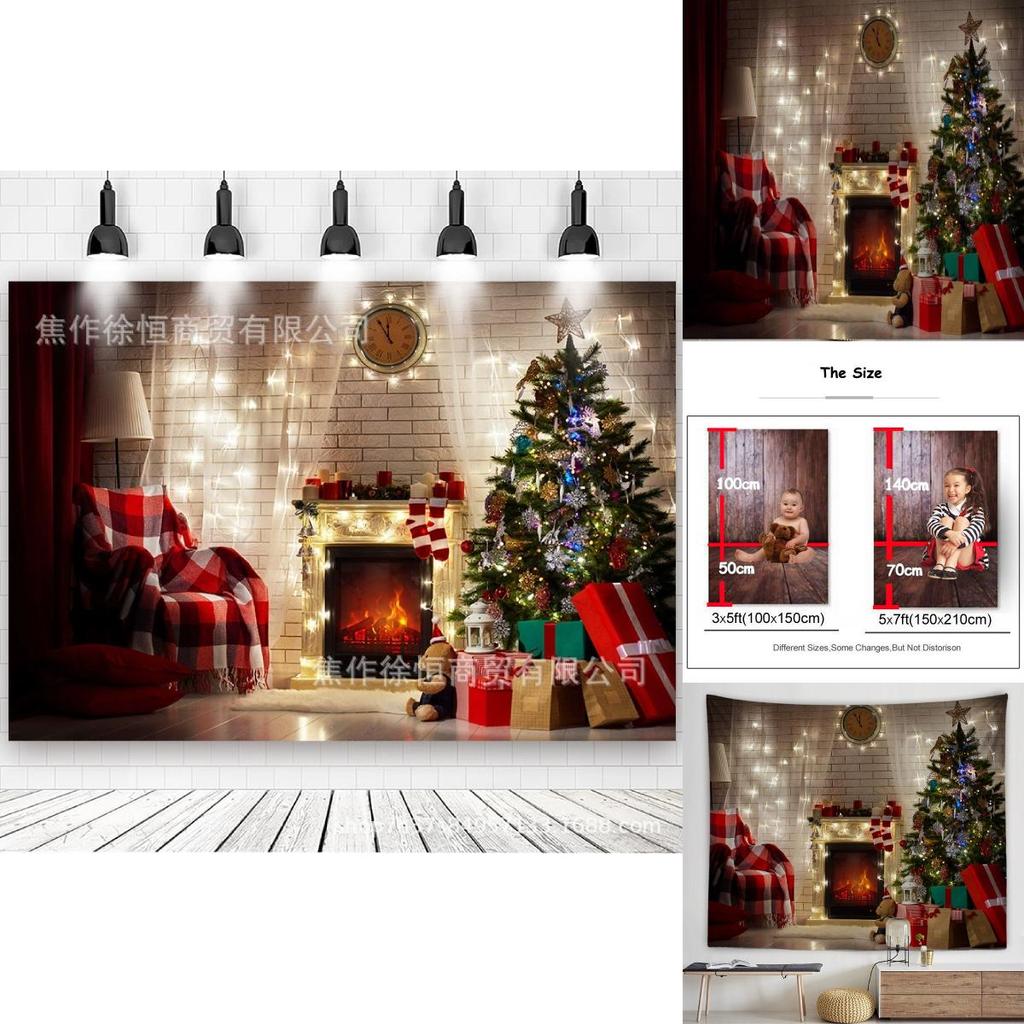 Christmas Fireplace Backdrop Banner With Polyester Fabric For Holiday Party Decor