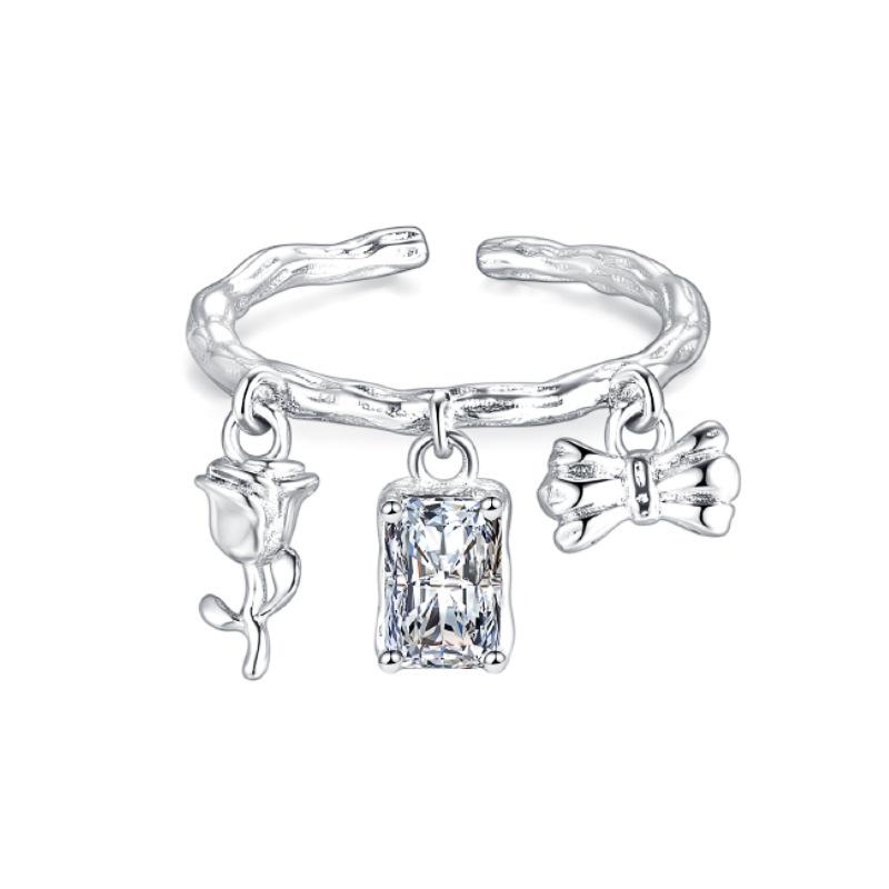 Vit Månsken Öppen Iskristall Ros Blänkande Diamant Tre-delad Ring Nischad Designkänsla Avancerad Känsla Lätt Lyx Zirkon Kvinnor