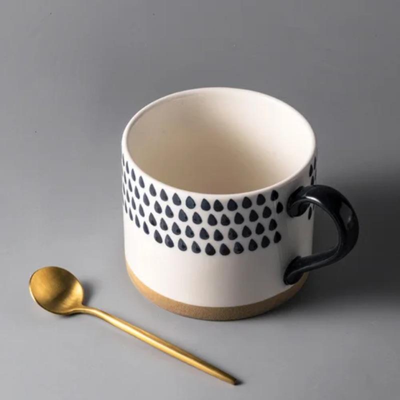 Japanese Ceramic Pattern Coffee Cup with Spoon 450ml Large Capacity Mug Simple Home Office Breakfast Milk Mug Pull Flower Latte