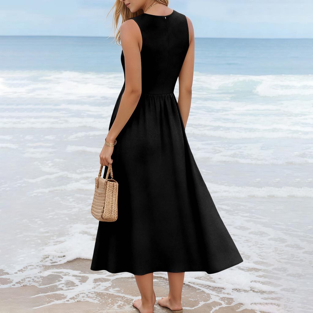 Ärmelloses Langes Freizeitkleid für Damen Sommer Einfarbig Einfach Entspannte Passform Maxikleid für den Alltag Urlaub Büro