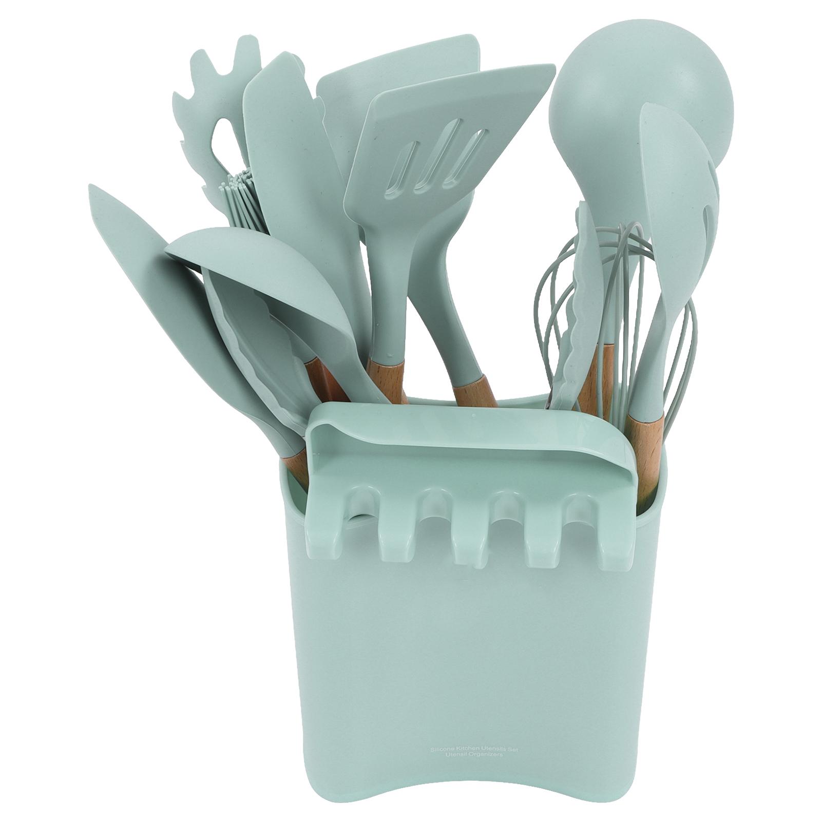 13pcs Silicone Kitchenware Wooden Handle Stick Free Spatula Spoon Cooking Utensils Set with Holder for HomeLight Green L светло-зеленый