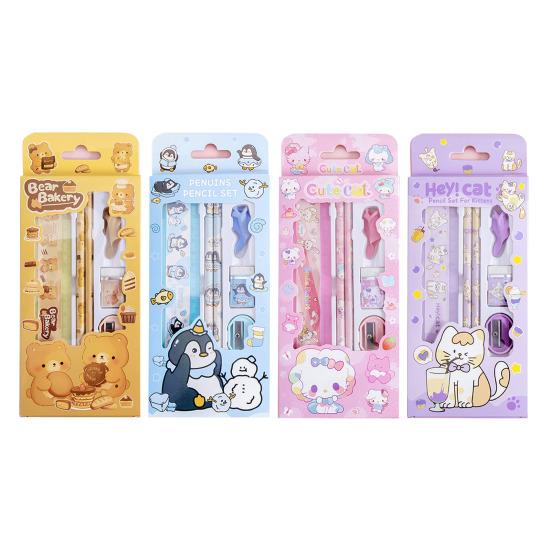 6Pcs Student Stationery Gift Set with Cute Packaging Cartoon Pencil Kit for Kids Elementary School Supplies Classroom Prize Birthday Favor