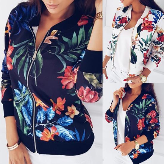 Plus Size Flower Leaves Print Sports Women Long Sleeve Baseball Jacket Zip Coat