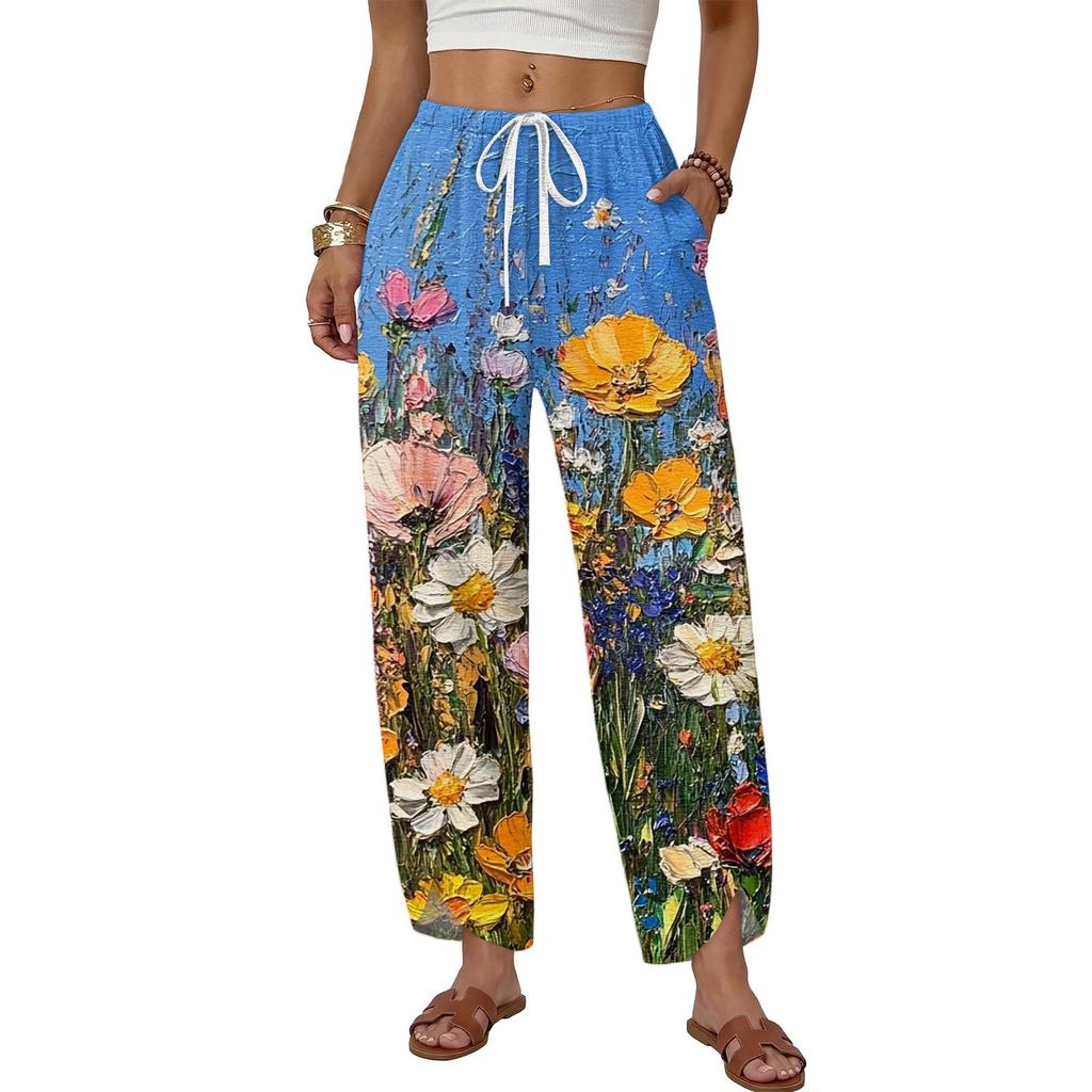 Damen Hosen mit Kordelzug, weitem Bein und Print - Locker geschnittene gerade Hosen für den Alltag