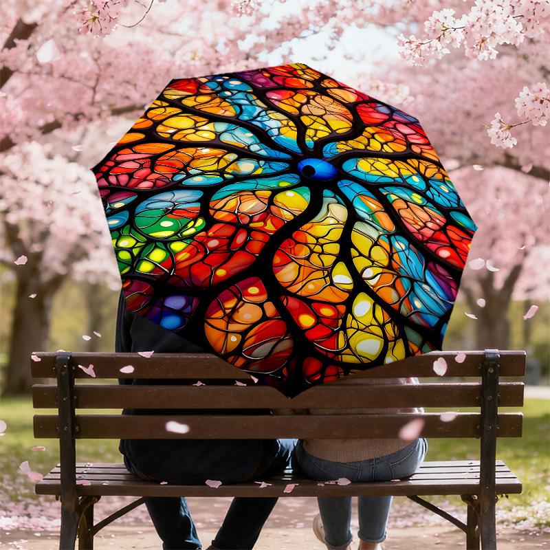 1PC Stained Glass ArtworkAutomatic Open/Close Umbrella with Windproof, 8-Rib Sturdy Canopy, Durable Ribs, Fashionable Design1272A
