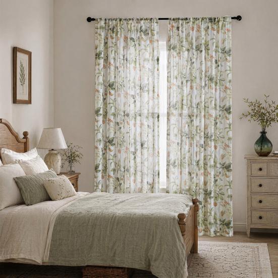 Curtain with Hole-Free Installation, Cotton Linen Printing Window Curtain, Light Blocking Privacy Protection Curtain for Bay Window