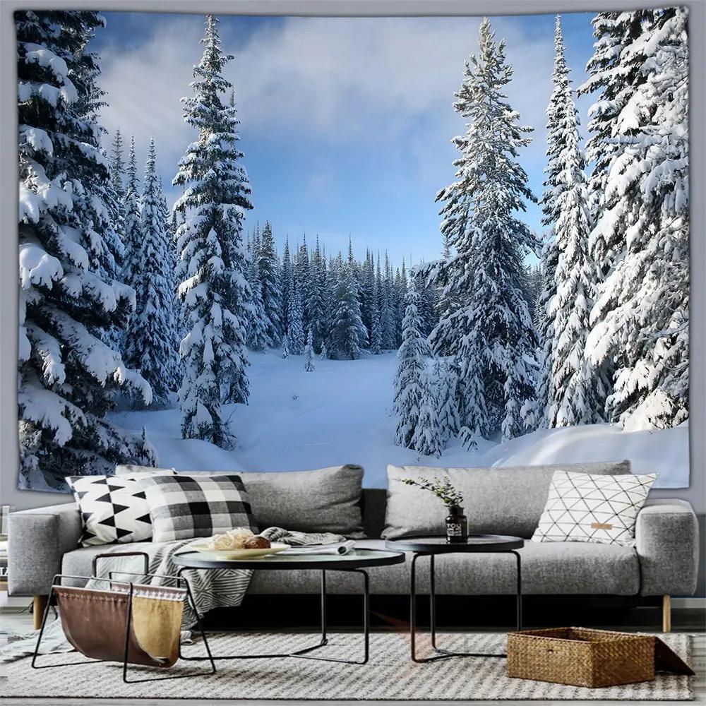 Winter Forest Snow Scene Tapestry Wall Hanging Christmas Tree Happy New Year Bedroom Living Room Home Decoration