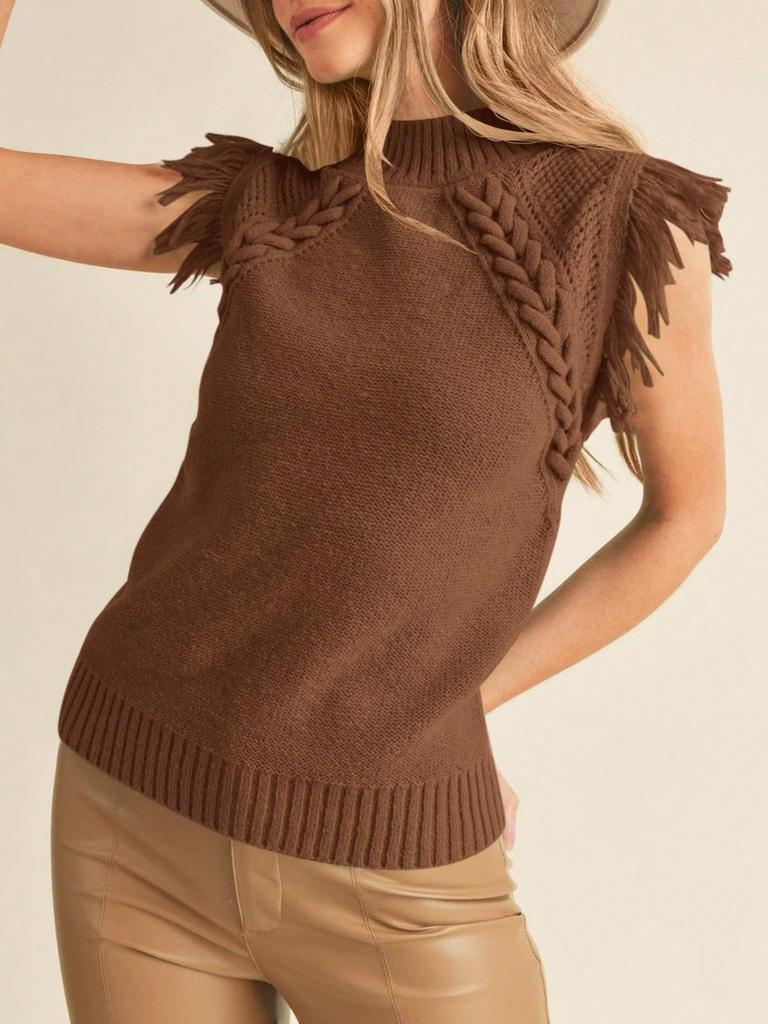 Vestă pulover tricotată cu torsade pentru femei, guler înalt, franjuri, stil boho, fără mâneci, pulover, maiou