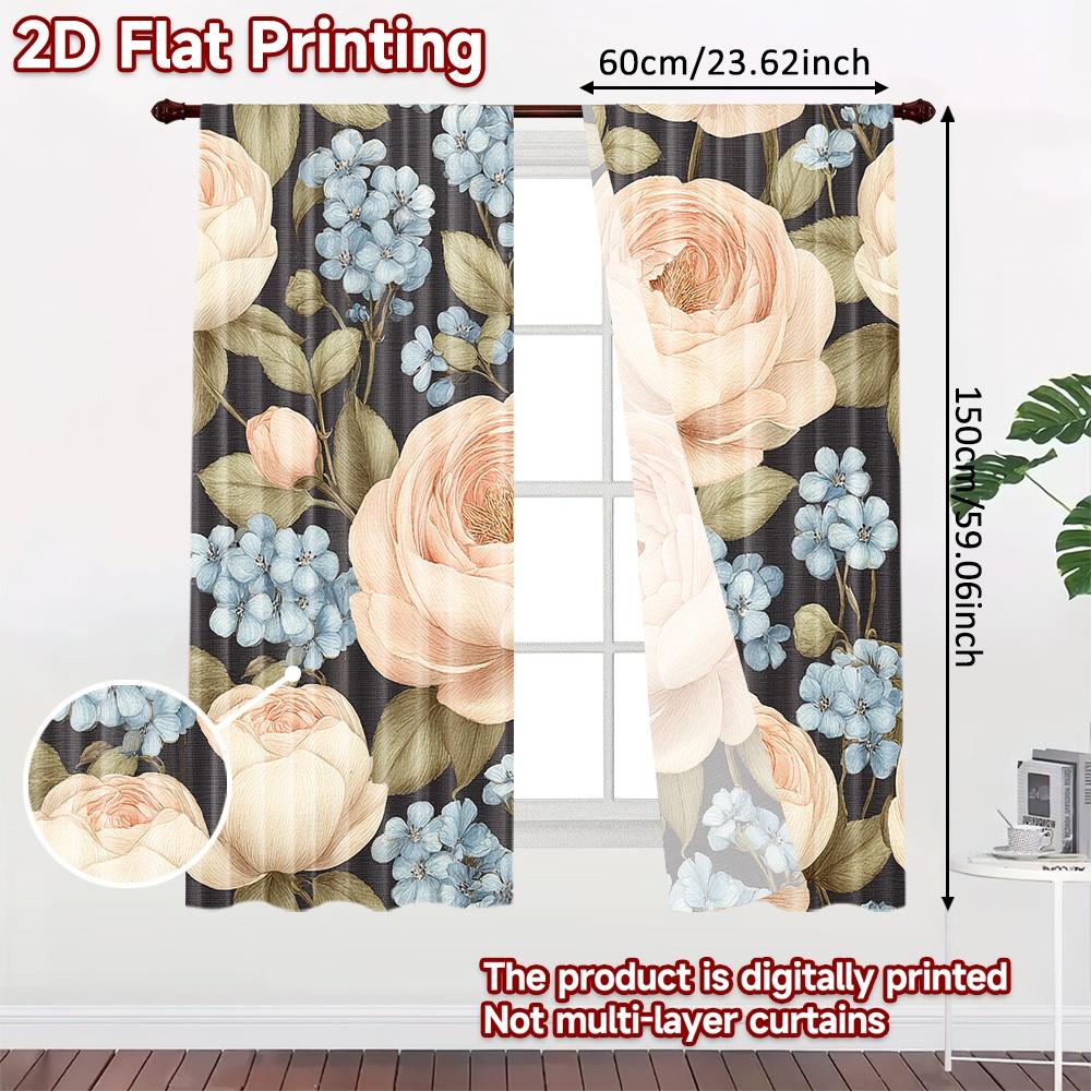 2D FLAT PRINTING 2pcs Curtains (Without Rod) Floral Rose Design (2) Easter Festival Fashion Curtains Fabric Curtains Outdoor