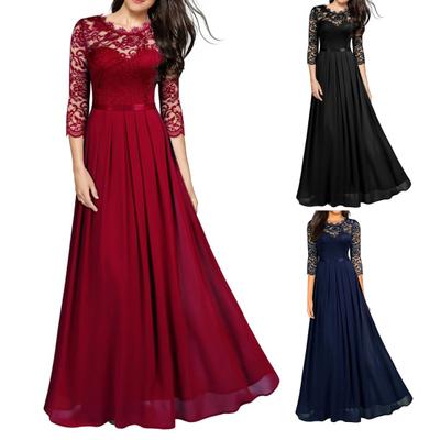 Stitching Lace Hollow Women Dress Pleated Large Hem O Neck 3/4 Sleeve A-Line Long Dress Ladies Clothing