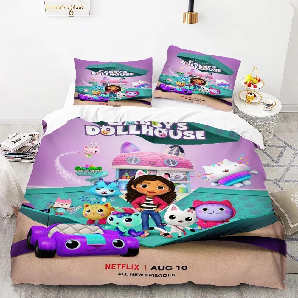 Gabbys Dollhouse Characters Bedding Set Cartoon Duvet Cover Pink Bedclothes Single Double Queen King Size For Girl Bed Set