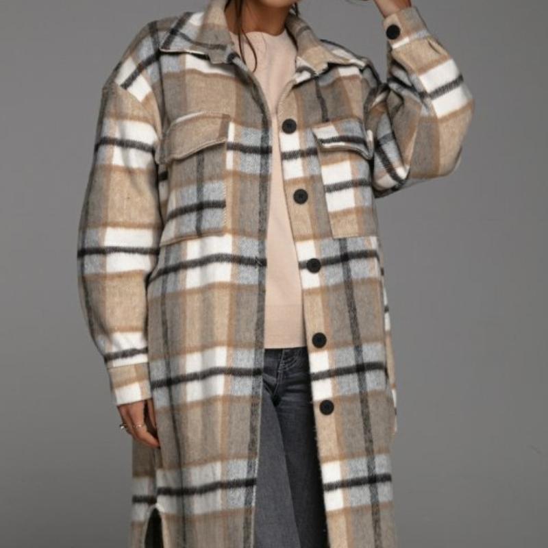 RUGOD Coat Women's Fashionable Loose Autumn and Winter New Design Plaid Stitching Pockets Long-sleeved Mid-length Cardigan
