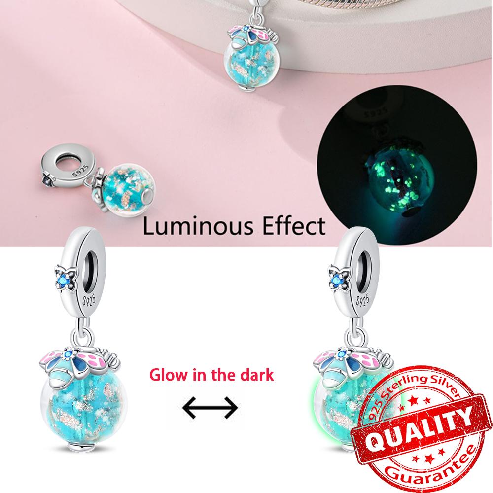 Authentic Glow-In-The-Dark Firefly Dangle Charm Fit Original Bracelet Diy Copper Flower Lantern Charms For Jewelry Making