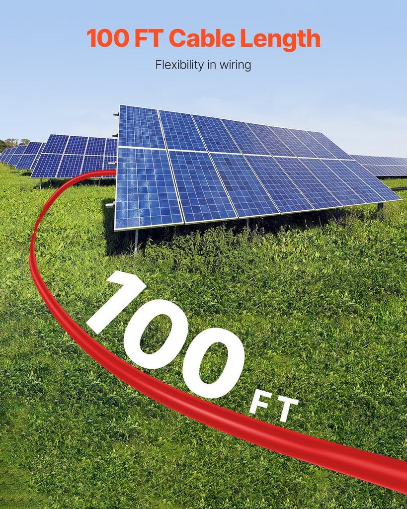 30.48m/100FT Solar Panel Extension Cable 10AWG Waterproof PV 6mm² Cable Red