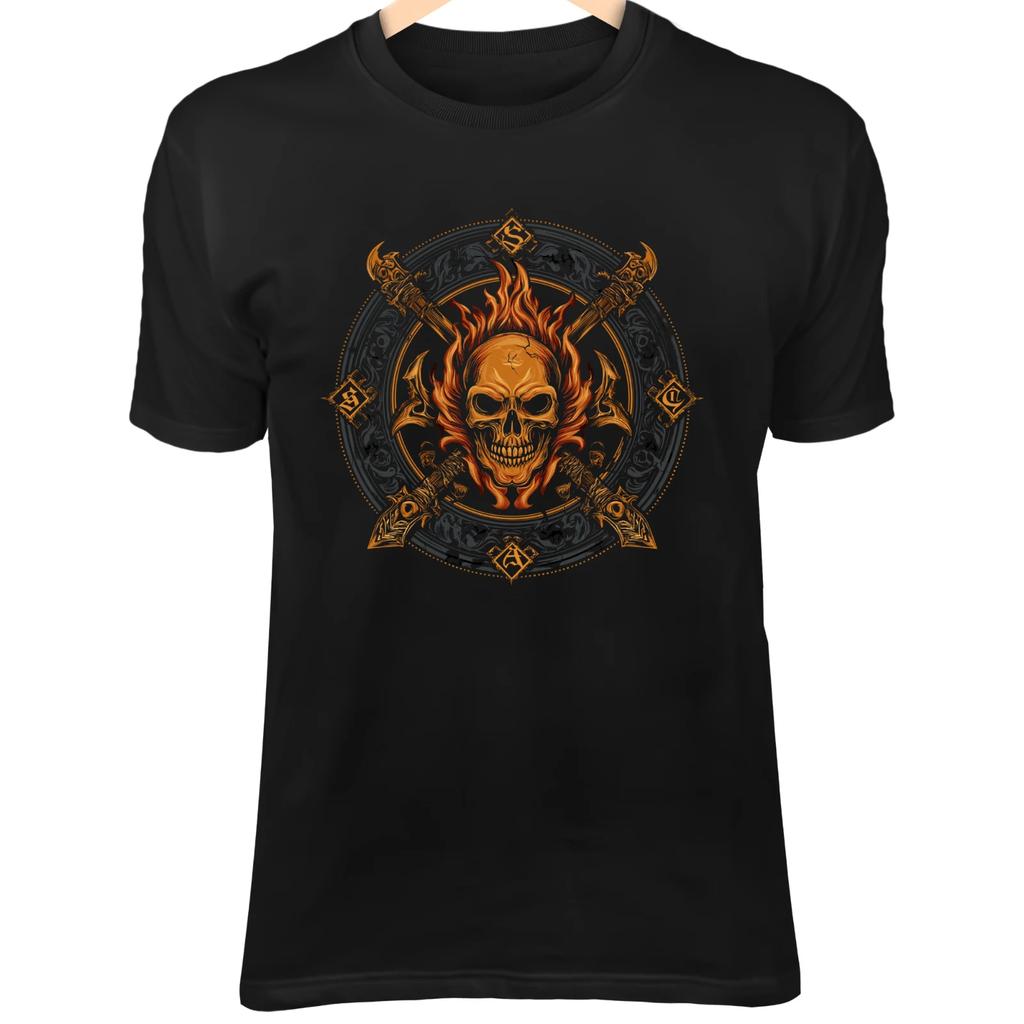 T-shirt con Spilla Teschio Falciatore – Falci Incrociate, Testa di Fiamma, Emblema Gotico