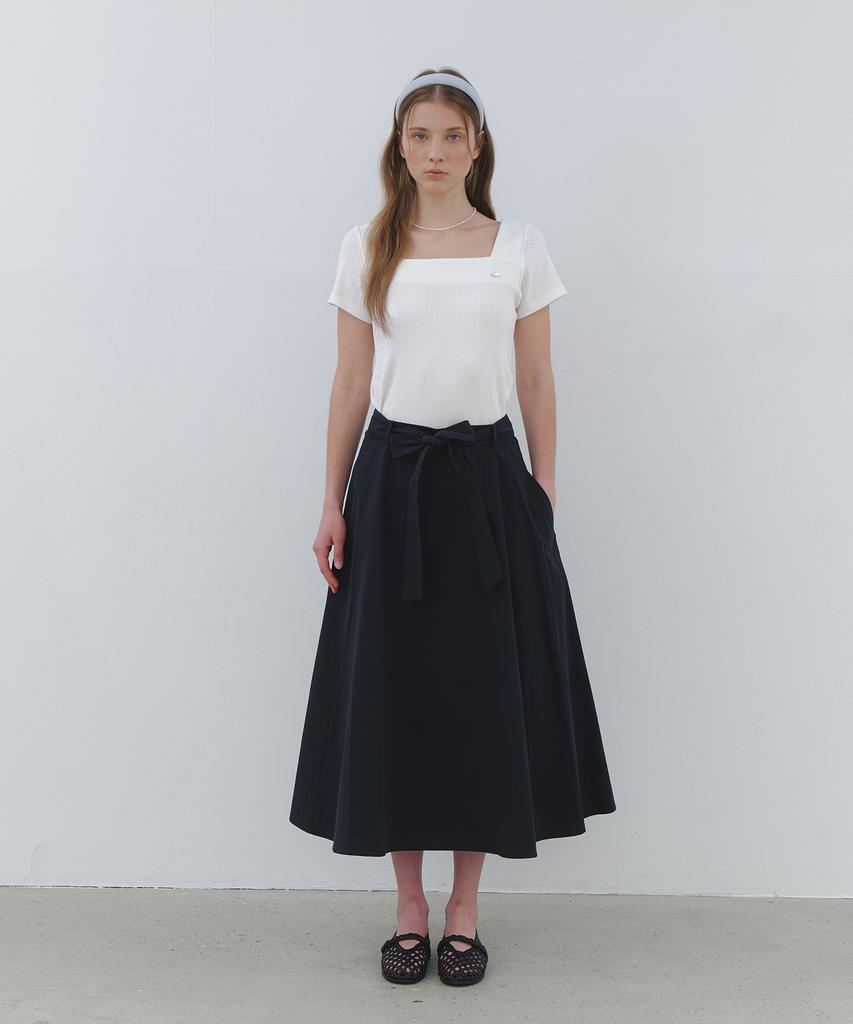 CLUNY Wide Tie Flare Long Skirt - Navy