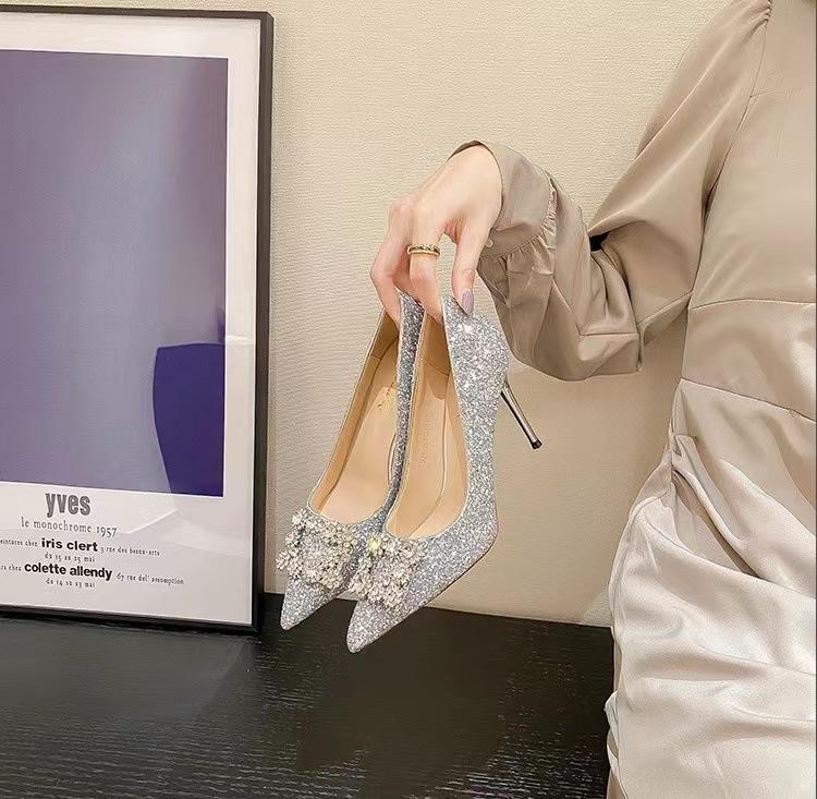 Spring new sequins sexy thin heel rhinestone square buckle dinner single shoes women's pointed head light mouth black high heels