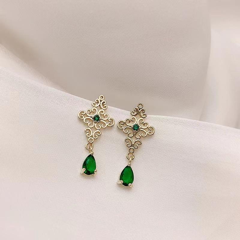 Vintage Fashion Diamond-set Emerald Earrings Women s Drop Zircon Silver Needle Earrings Elegant Light Luxury Earrings