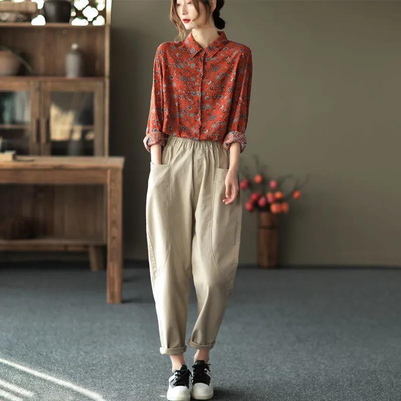 Vintage Bedrucktes Reversknopf All-Match Blumenhemd Damenbekleidung Herbst Locker Lässig Oberteile Langarm Pendel Bluse