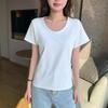 Damen U-Ausschnitt Baumwolle Kurzarm T-Shirt, Einfarbige, Lockere Passform, Schlankmachend, Koreanischer Stil, Frühjahrs-/Sommerkollektion (K3017)