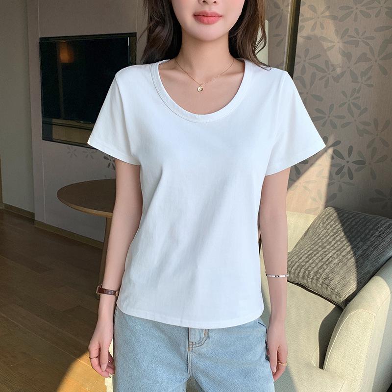 Damen U-Ausschnitt Baumwolle Kurzarm T-Shirt, Einfarbige, Lockere Passform, Schlankmachend, Koreanischer Stil, Frühjahrs-/Sommerkollektion (K3017)
