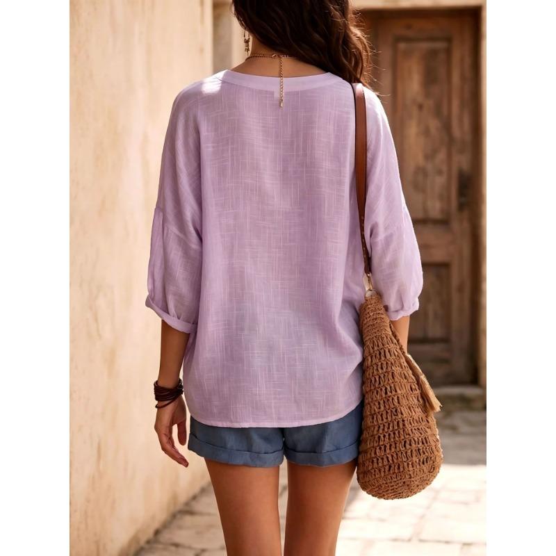 Women V Neck 3/4 Sleeve Linen Cotton Blouse Loose Casual Solid Color Summer Tops