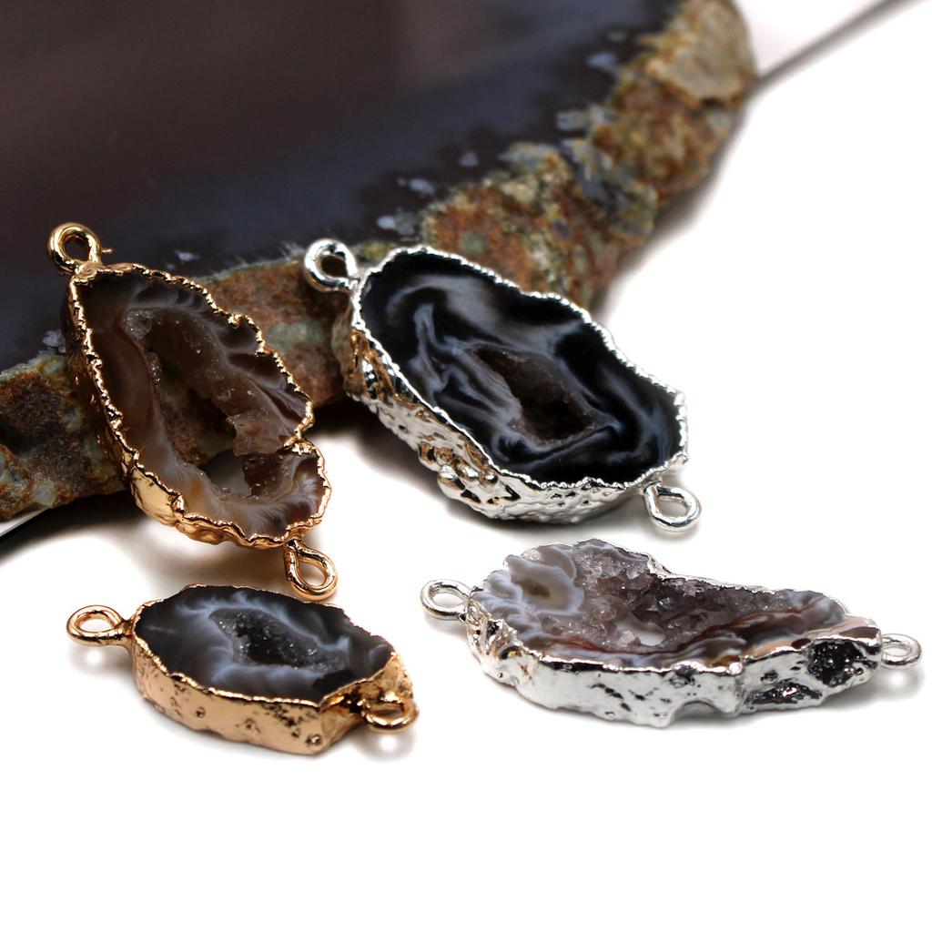 Natural Druzy Agate Slice Pendant Gold Rim Two Hole Connector Beads Geode Crystal Charm for Necklace Bracelet DIY Jewelry