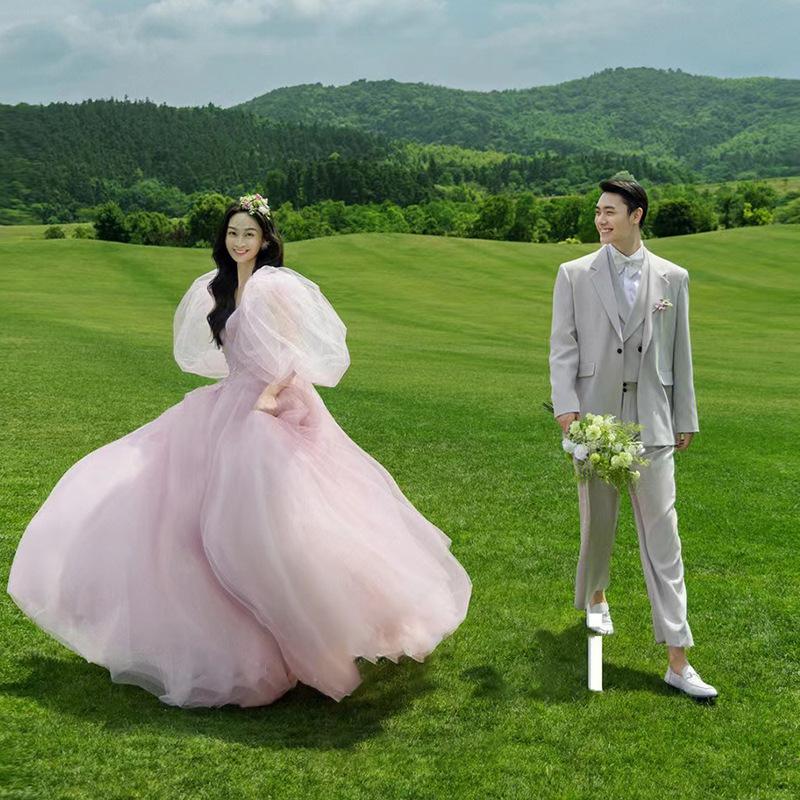 Temperament pink wedding dress 2025 new clothing long light wedding dress