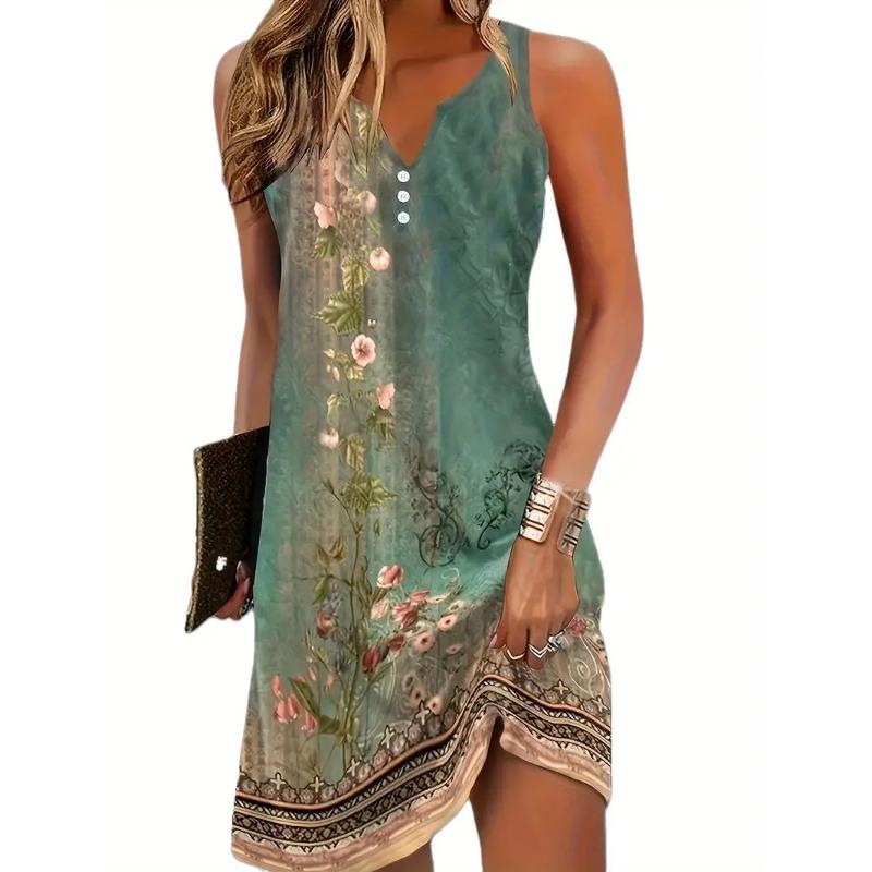 Summer V-Neck Printed Button Suspender Beach Vacation Style Slim Fit Dress Women s Clothing S