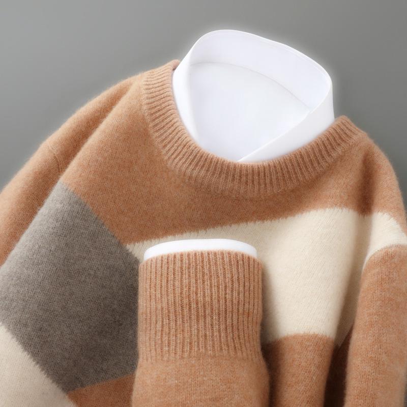 Men's 100% Pure Wool Color Block Cashmere Sweater - Round Neck, Autumn/Winter, Loose Casual/Business Wear