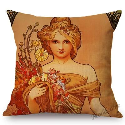 Vintage European Art Nouveau Mucha Gallery Decorative Sofa Pillow Cover Beautiful Beauty Girl Cotton Linen Luxury Cushion Cover