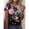 Damen T-Shirt Totenkopf und Blume 3D Muster Gedruckt Lässiges Kurzarm-T-Shirt Rundhals Sommer Oberteil