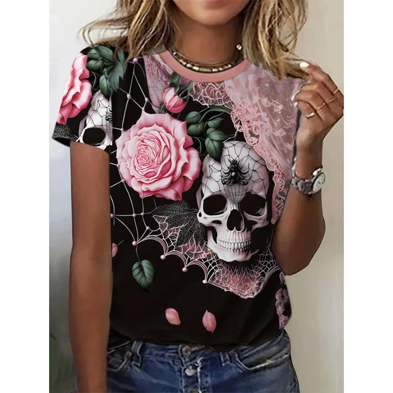 Women s TShirt Skull and Flower 3D Pattern Printed Casual Short-Sleeved T-Shirt Round Neck Summer Top S