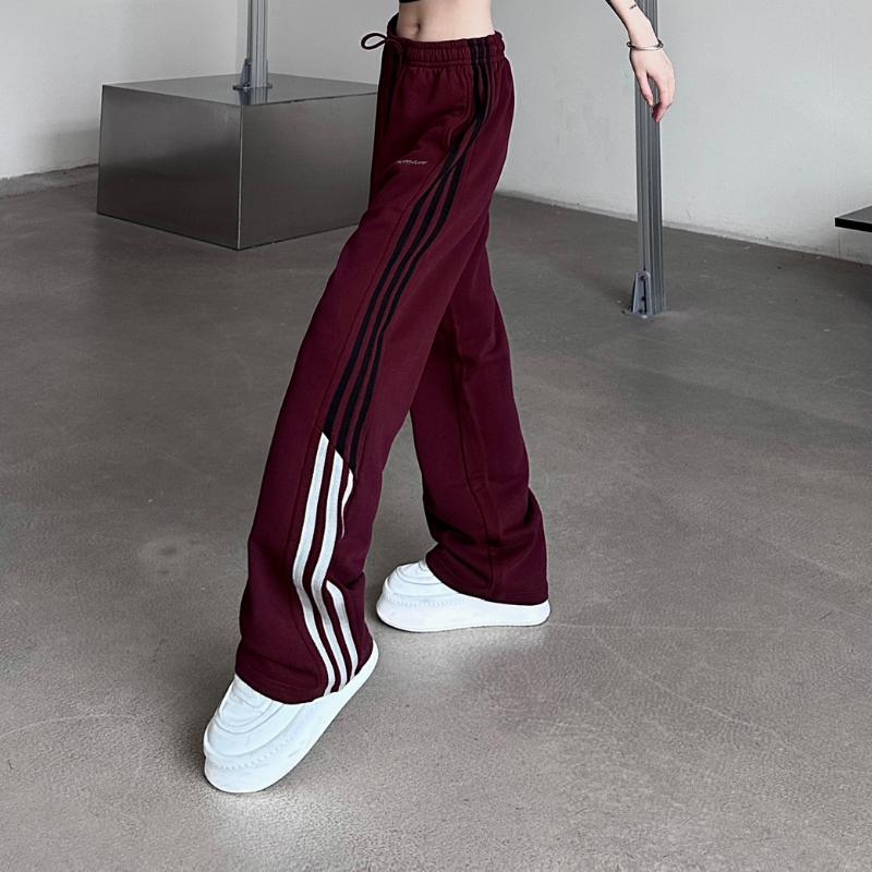 Harajuku Woman Oversize Wine Red Striped Sweatpants Spring Autumn Elastic Waist Hip Hop Streetwear Joggers Sport Casual Trousers