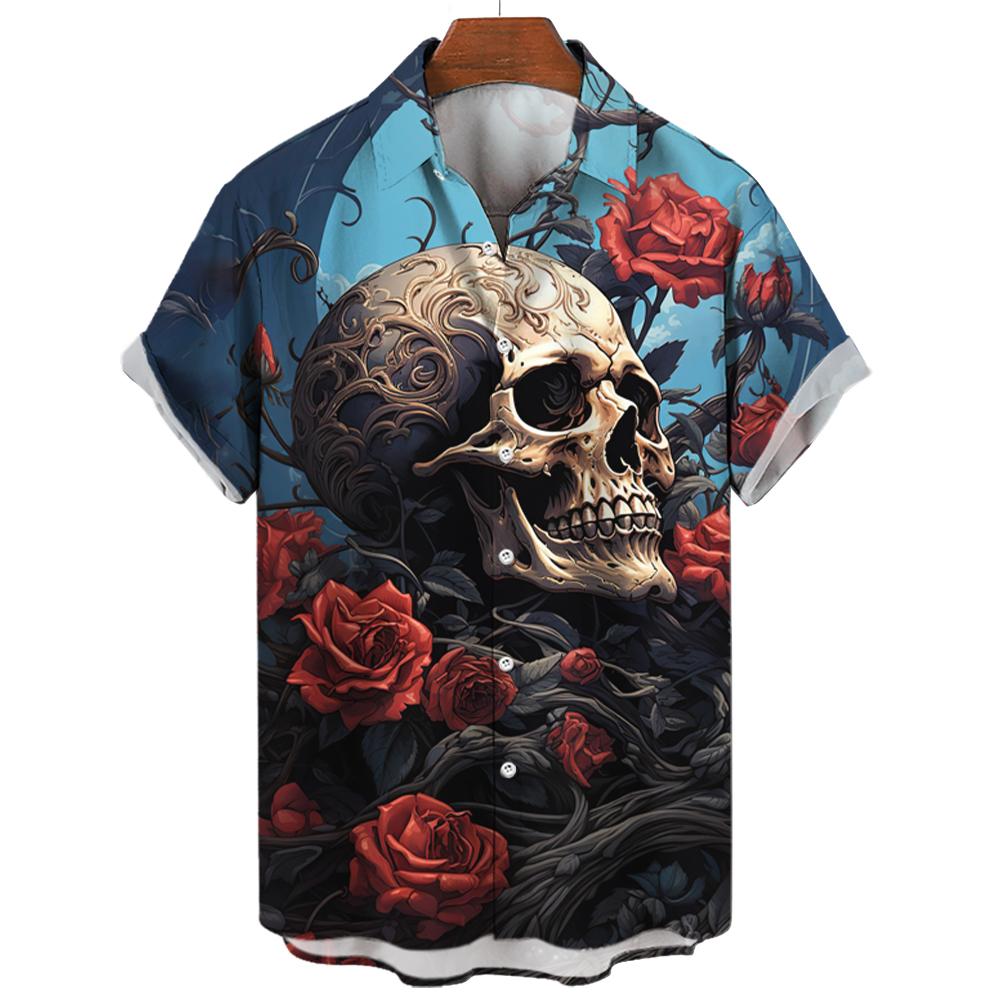 New Vintage Skull Men's Shirts Lapel Streetwear Shirt For Men Street Hip Hop Short Sleeve Top Party Summer Hawaiian