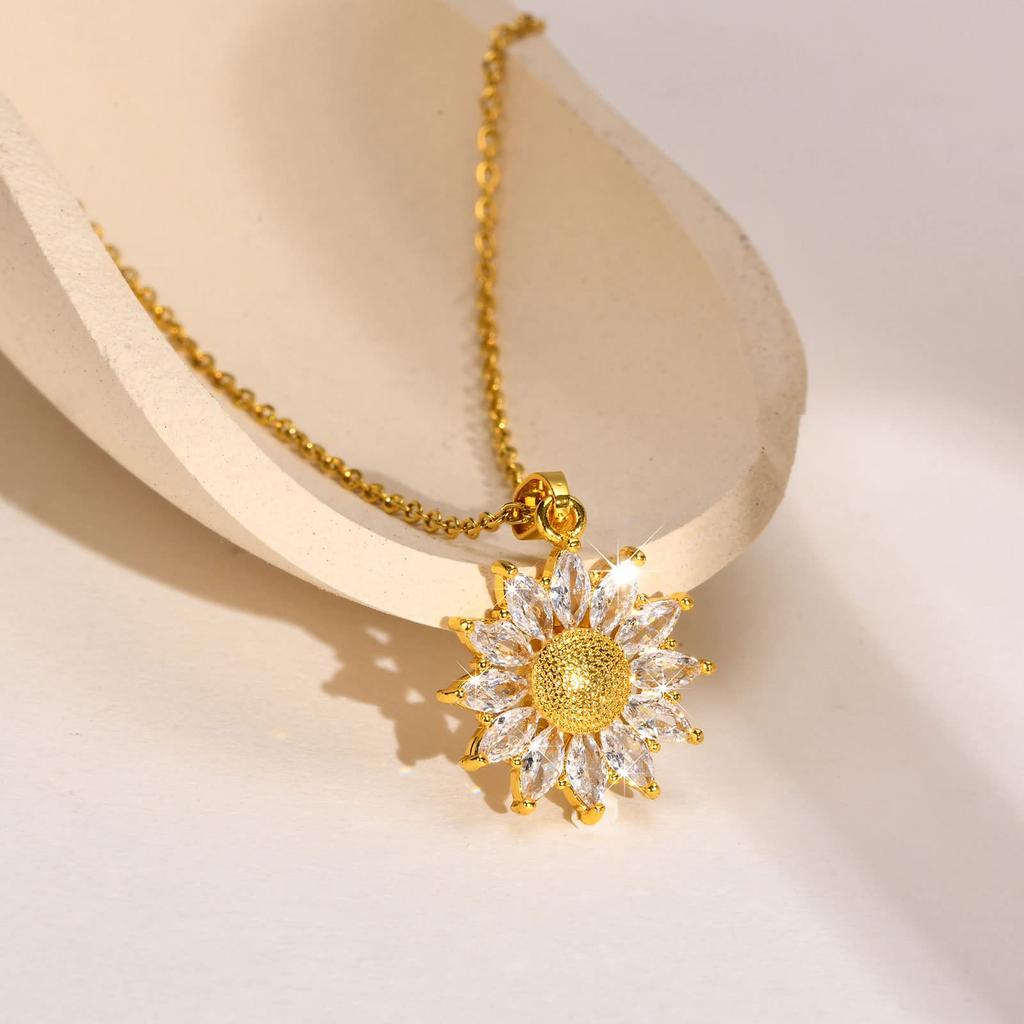 Necklace for Flower Stainless Sun Flower Day Gift [Rockyu] Women, Gold, Necklace, Steel, Hypoallergenic, Pendant, Flower, Zirconia, Mother's