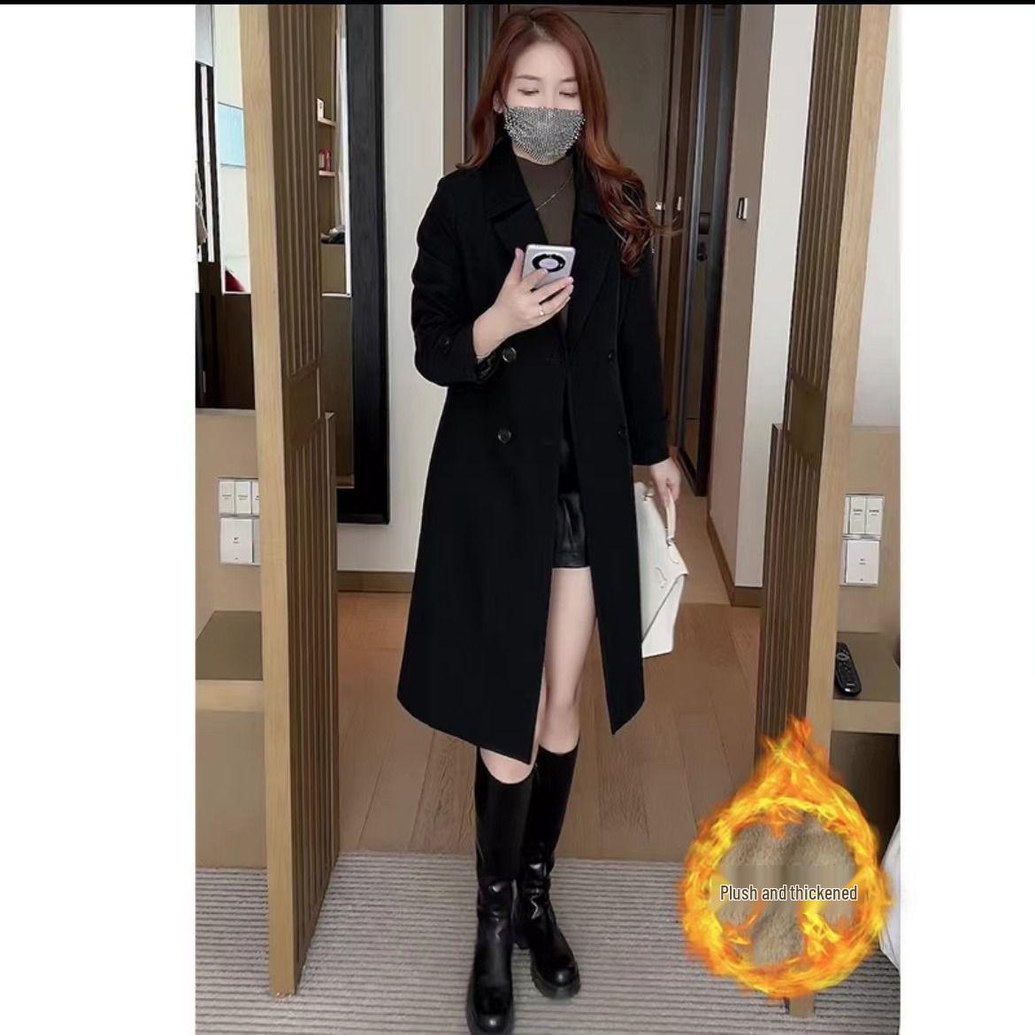 

Тренч с флисовой подкладкой для похудения - Куртка средней длины для миниатюрных фигур на осень и зиму 2025 L чёрный