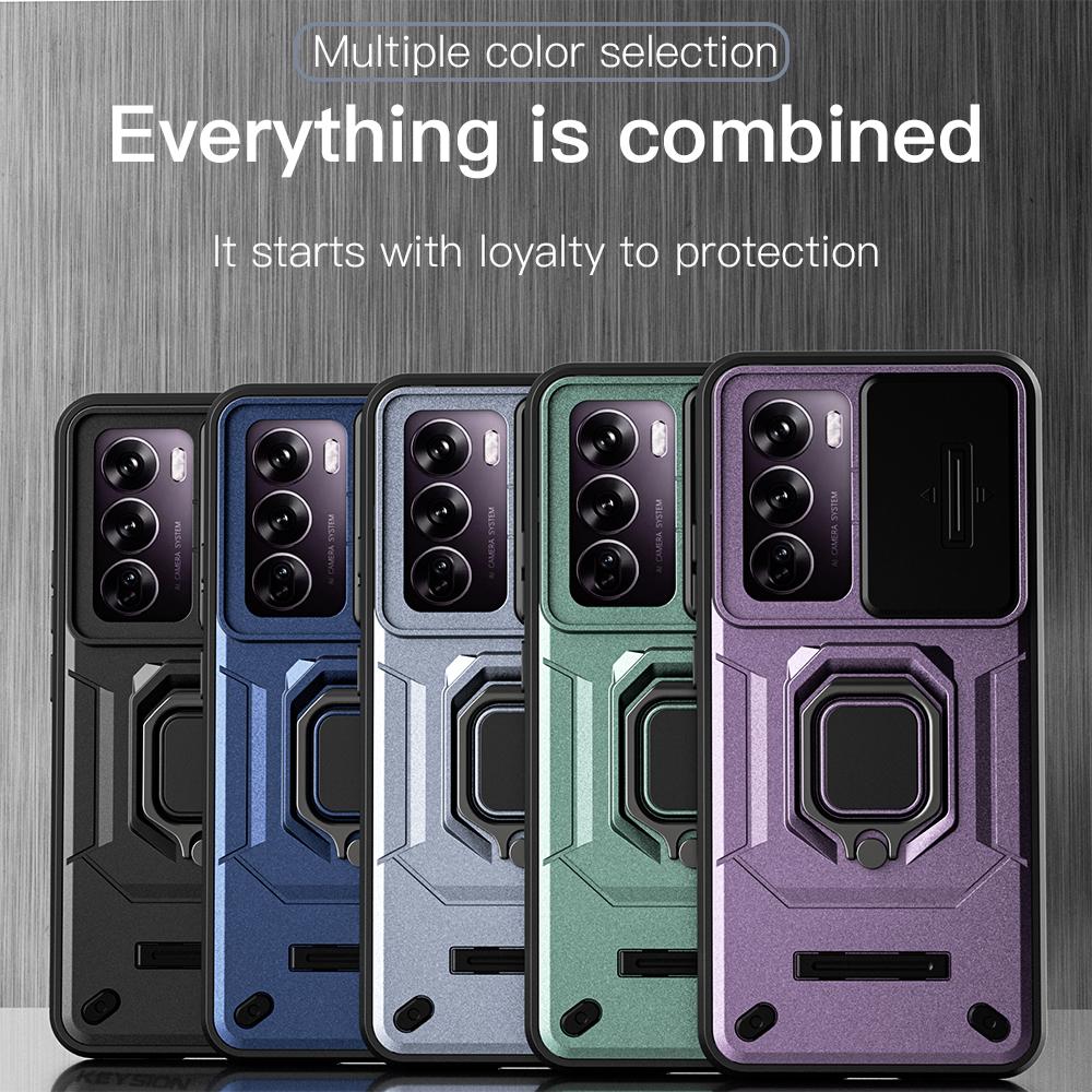 KEYSION Shockproof Case for OPPO Reno 12 Pro 5G Slide Push Pull Camera Lens Protection Ring Stand Phone Cover for OPPO Reno12 5G
