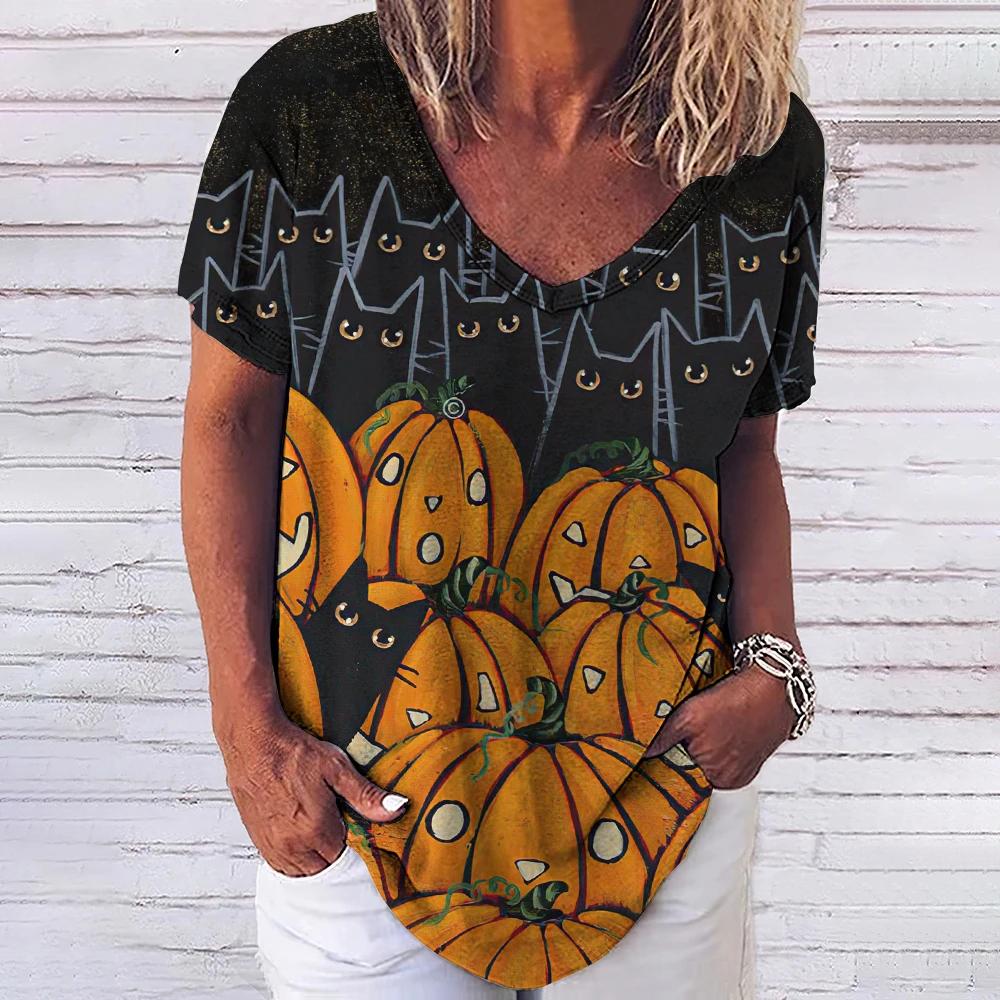 Women's T-shirt 3D Fashionable Cat Print V-neck Short Sleeved Basic Top Street Wear Summer Casual Loose Fitting Women's Clothing