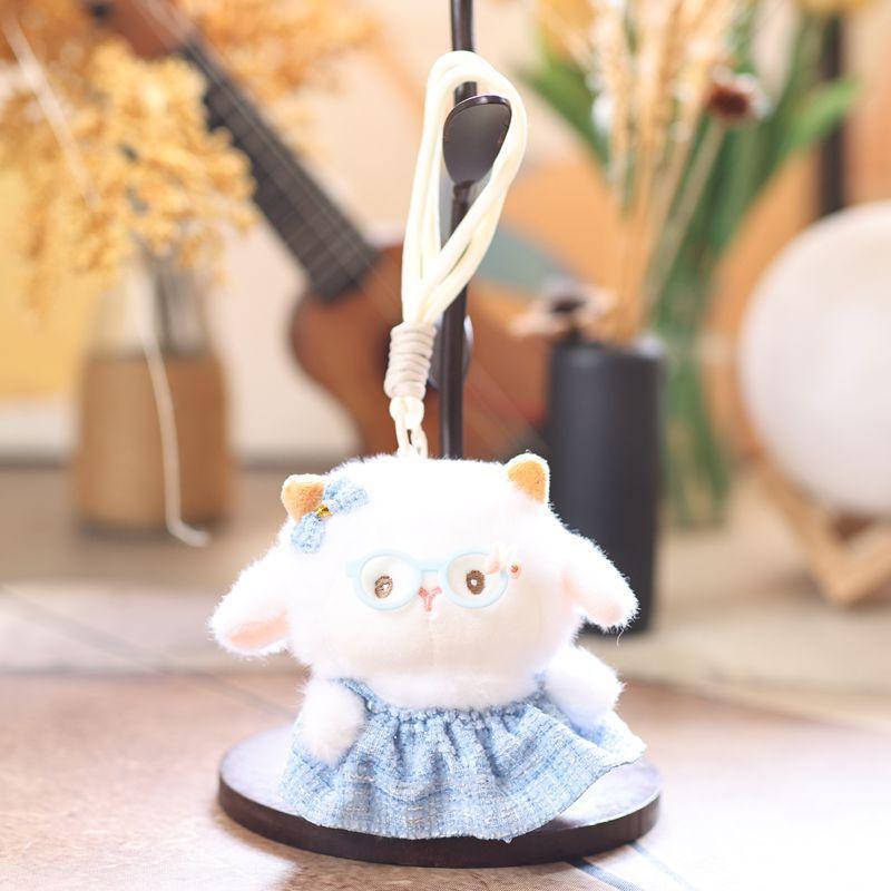 Soft Fluffy Lamb Plush Keychain Mini Cute Glasses Dress Design Car Key Pendant for Women Handbag Decoration Small Gift
