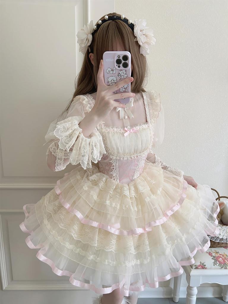 XHSUKADO Lolita JSK Jumper Skirt with Dreamy Cute Gothic Lolita Outfit with Ruffles and Mori Girl Princess Lolita Idol Size M Ribbon, Women's