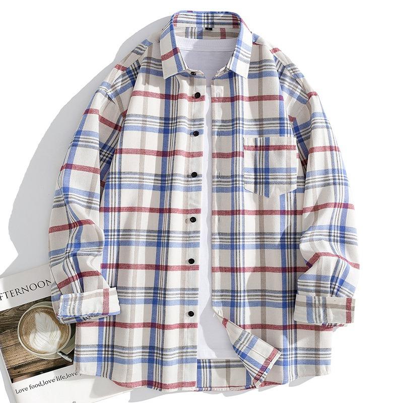Men Casual Loose Long Sleeve Plaid Hong Kong Style Shirt