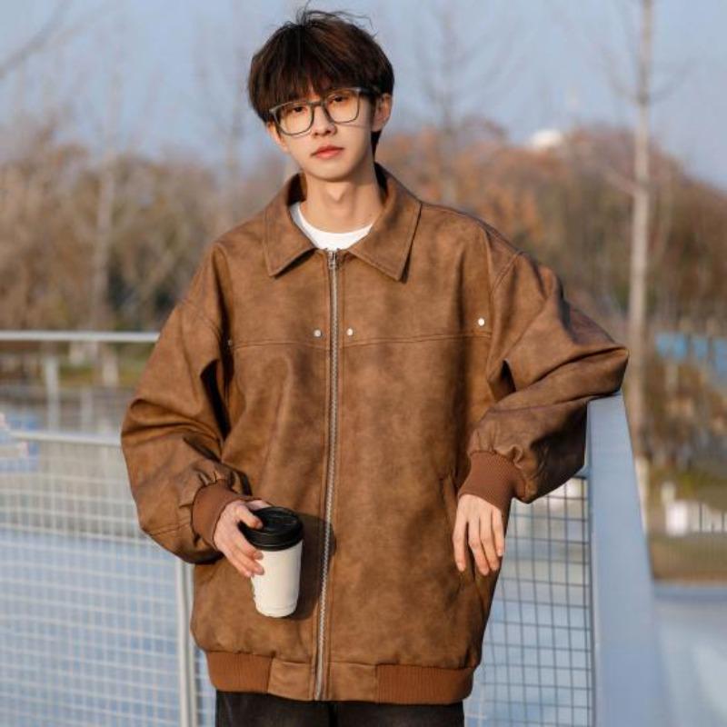 Yousheng Men Jacket Coat Lapel Long Sleeve Solid Color Coat with Pockets Loose Fit Full Zipper Closure Versatile Outwear